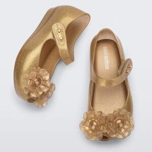Mini Melissa Girl’s Gold Glitter Maryjane Shoes Floral Design size 11